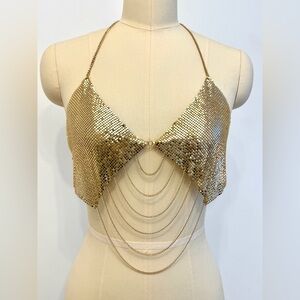 ALTEREDREAMS Gold Chainmail Drape Top Liquid Metal Festival Layered Chain Bra